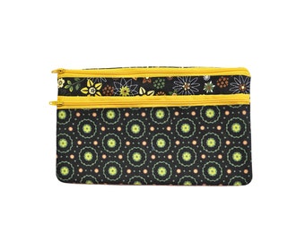 Black Floral Double Zipper Bag. Floral Cosmetic Bag for Her. Zipper Purse with Front Pocket. Gift for Mom.