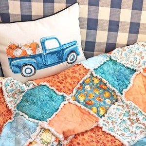 Pumpkin Lap Rag Quilt. Blue and Orange Autumn Decor. Autumn Throw. Fall Colors Quilt. Autumn Decor. Fall Quilts for Sale.