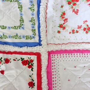 Handkerchief Rag Quilt. New Vintage Style Hankies Quilt with Flowers. Floral Hanky Lap Quilt for Her. image 4