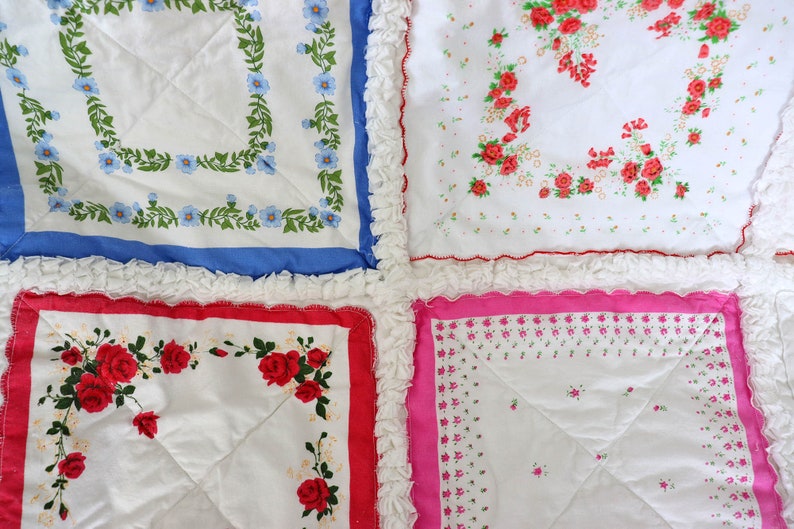 Handkerchief Rag Quilt. New Vintage Style Hankies Quilt with Flowers. Floral Hanky Lap Quilt for Her. image 4