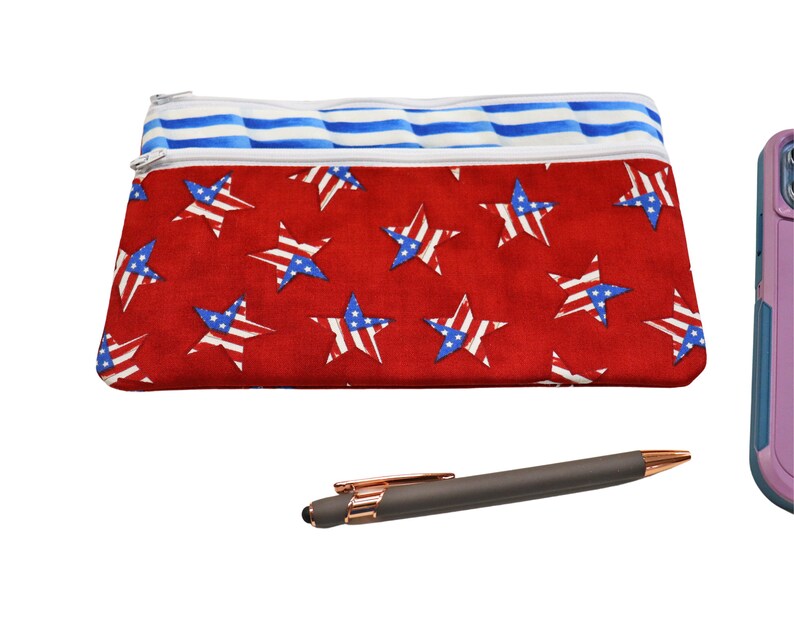 Double Zipper Pouch Patriotic . Small or Large Bag. Red White and Blue Cosmetic Bag for Her. Zipper Pouch with Front Pocket. Vacation Bag. image 5