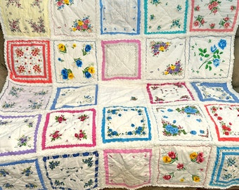 Handkerchief Rag Quilt. New Vintage Style Hankies Quilt with Flowers. Floral Hanky Lap Quilt for Her.