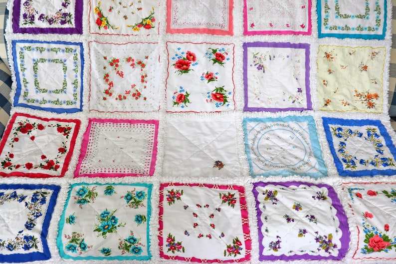 Handkerchief Rag Quilt. New Vintage Style Hankies Quilt with Flowers. Floral Hanky Lap Quilt for Her. image 2