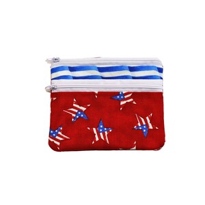 Double Zipper Pouch Patriotic . Small or Large Bag. Red White and Blue Cosmetic Bag for Her. Zipper Pouch with Front Pocket. Vacation Bag. Small bag