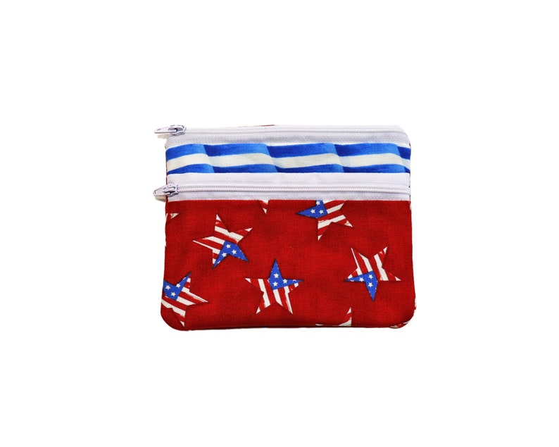 Double Zipper Pouch Patriotic . Small or Large Bag. Red White and Blue Cosmetic Bag for Her. Zipper Pouch with Front Pocket. Vacation Bag. Small bag