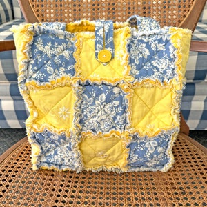 Blue and Yellow Floral Rag Tote. Rag Quilt Tote. Flower Bag. Gift for ...