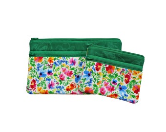 Bright Floral Double Zipper Pouch. Small or Large Bag. Green Cosmetic Bag for Her. Zipper Purse with Front Pocket. Gift for Mom.