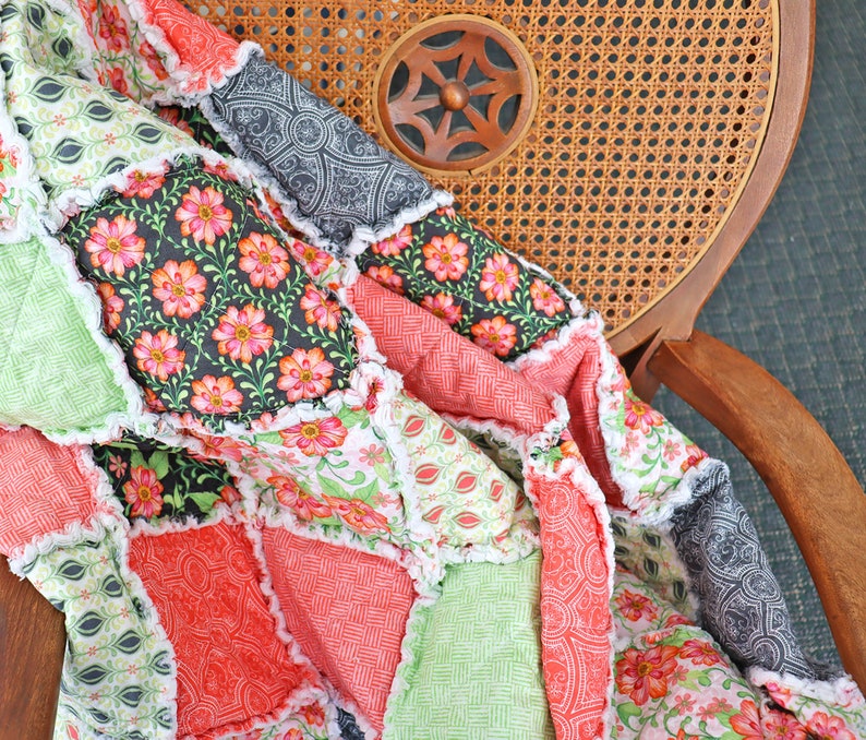 Pink and Green Floral Lap Rag Quilt. Gift for Mom. Lap Quilt for Sale. image 2