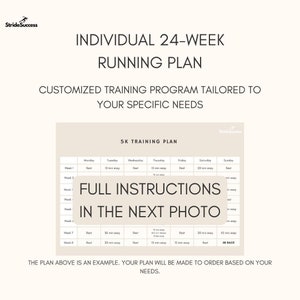 Könnte beinhalten: Beige Grafik mit Text, der einen individuellen 24-Wochen-Laufplan detailliert. Der Plan beinhaltet einen 5-km-Trainingsplan mit täglichen Anweisungen. Der Text "Vollständige Anweisungen im nächsten Foto" ist ebenfalls sichtbar.