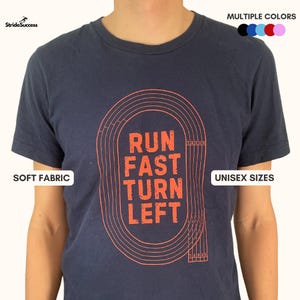 Atletiek-T-shirt: snel rennen, sla linksaf - shirt atletiek, cadeau voor baanloper, grappig grafisch T-shirt baanmeme voor liefhebbers van hardlopen