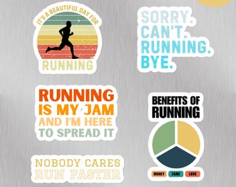 Könnte beinhalten: Ein Bogen mit fünf Retro-Stickern mit Laufmotiven und Texten. Die Sticker zeigen einen Läufer, ein Tortendiagramm und Texte wie "Es ist ein schöner Tag zum Laufen", "Laufen ist mein Ding und ich bin hier, um es zu verbreiten", "Niemand interessiert es, lauf schneller", "Sorry, kann nicht laufen. Tschüss." und "Vorteile des Laufens".