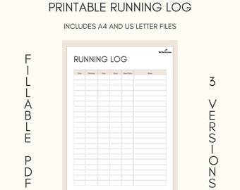 Puede incluir: Un registro de carrera imprimible con el texto "Running Log" y columnas para fecha, distancia, tiempo, ritmo, frecuencia cardíaca y notas. Incluye archivos A4 y US Letter. También se ven las palabras "Fillable PDF" y "3 Versions".