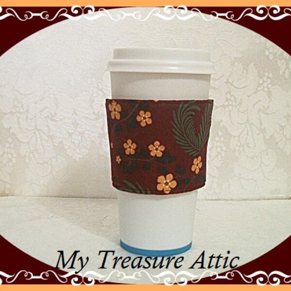 Buy 2, Get 1 Free - BOSTON FERN - MARIGOLDS in Cabernet - Caramel Latte Swirl - Reversible - Buttons - Coffee Cozy - Wrap - Eco-Friendly