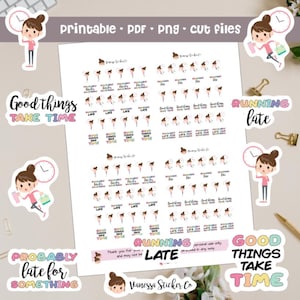 Running Late Planner Stickers, Printable Late for Work Stickers, Vanessa Character Stickers, Character Stickers, Personal use only.