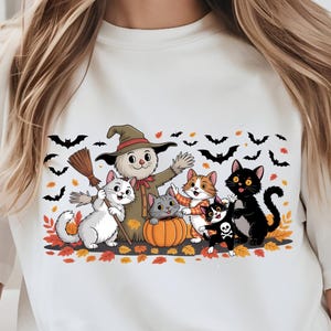 Cute Halloween Cats PNG | Kawaii Witch Cat Clipart | Fall Pumpkin Black Cat Art | Scary Bats Autumn Leaves | Cartoon Kitten Halloween Scene