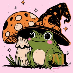 Cute Halloween Frog PNG, Witch Hat Frog PNG Clipart,Spooky Toadstool Forest Design,Magical Frog Witch Art,Fall Aesthetic Animal Illustratio