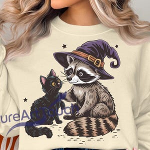Cute Halloween Raccoon and Black Cat PNG - Witch Hat Animal Clipart for Sublimation,raccoon clipart, black cat png, halloween witch hat Png