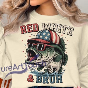 Funny Patriotic Bass Fish PNG, Red White and Bruh 4th of July SVG,Fishing Clipart USA Style Png,funny fishing art, bass fish png, red white