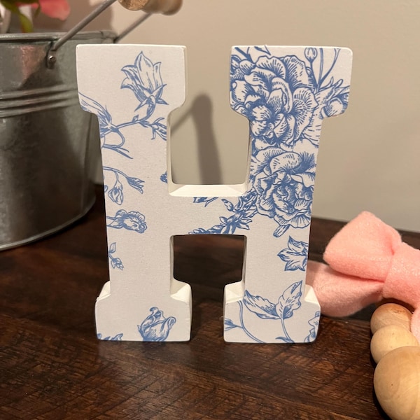 Personalized Blue Floral Toile Wooden Letter:  Shabby Chic Nursery Decor