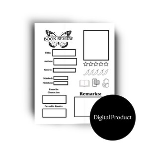 May include: A black and white book review template with a butterfly design at the top. The template includes sections for title, author, genre, and favorite character. It also has rating stars, chili peppers, and the text "Digital Product".