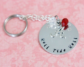 Hand Stamped Roll Tide Roll Key Chain with "A" Charm