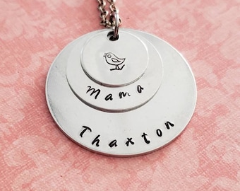 Hand Stamped Personalized Triple Stacker Mama Bird Necklace