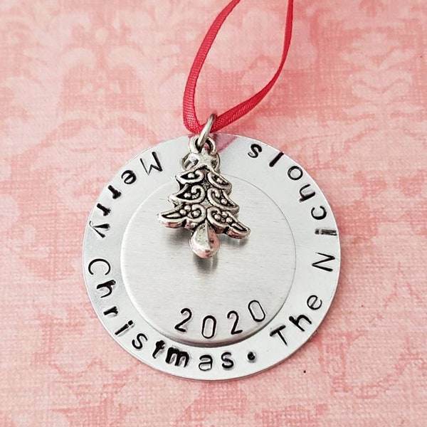 Hand Stamped Personalized Family Christmas Ornament with Date 2024