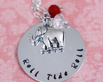 Hand Stamped Alabama Crimson Tide Roll Tide Roll Necklace with Elephant Charm