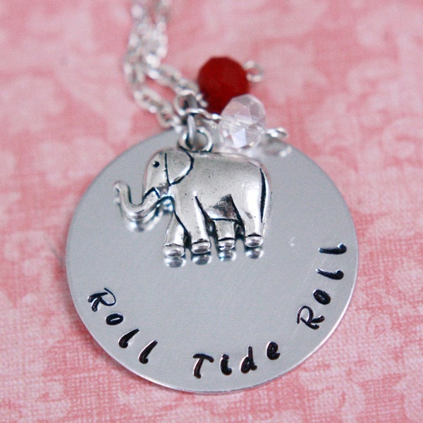 Hand Stamped Alabama Crimson Tide Roll Tide Roll Necklace with Elephant Charm