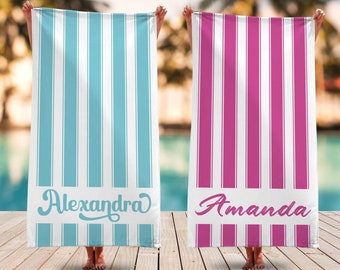 Toalla de playa personalizada de rayas verticales, coloridas toallas de piscina con nombre personalizado para niños/adultos, regalo de vacaciones de cumpleaños vintage, dama de honor de la novia
