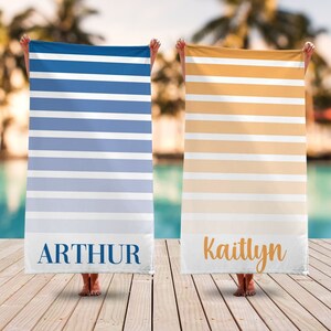 Striped Colorful Personalized Beach Towel, Bride and Bridesmaid Beach Towel, Custom Pool Towel, Lake Bachelorette Bride Party, Kids Towel
