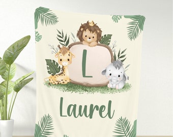 Safari Baby Blanket With Name, Jungle Animal Custom Blanket, Lion Giraffe Elephant Throw, Newborn Boy Gril Baby Shower Gift, Birthday Gift