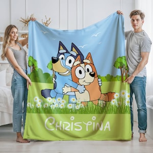 Bluey Blanket for Birthday Boy Birthday Girl, Toddler to Big Kid, 2nd and 3rd Birthday Boy and Girl, Personalized Blue Cartoon Baby Blanket