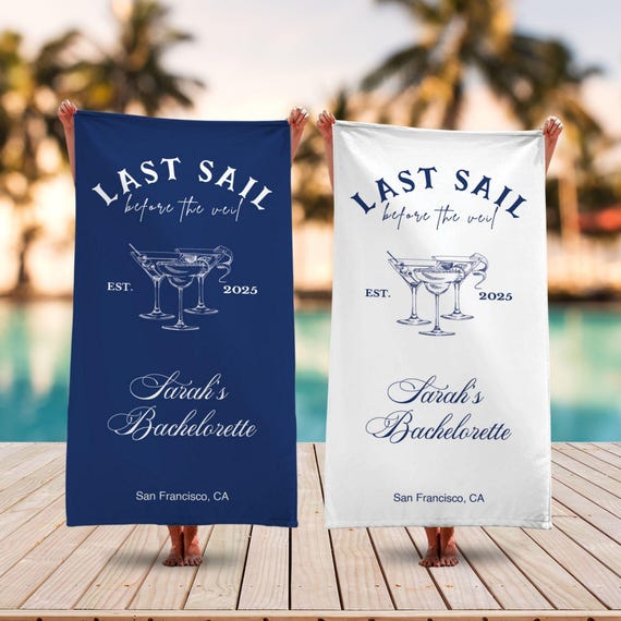 Last Sail Before The Veil Beach Towel, Personalized Cruise Bachelorette Gift For Bride Bridesmaid, Wedding Trip, Bach Party Pool Towel Gift