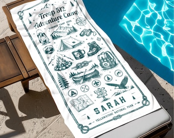 Toalla de playa personalizada para scouts, toalla para campamento de aventuras de tropa, regalo personalizado para campamento scout, toalla de camping, recuerdo de campamento de verano, regalo para la tropa