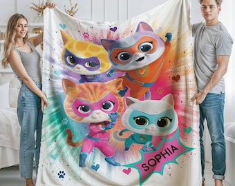 Custom Superkitties Blanket, Personalized Super Kitties Blanket, Super Kittie Buddy Bitsy Ginny Sparks Hero Blanket, Cat Superhero Kitties