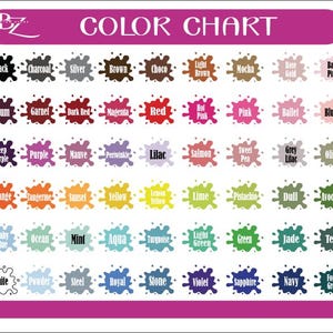 May include: Color chart with 60 different color swatches. Each color swatch is labeled with the color name. The colors are arranged in rows and columns. The chart is on a white background.