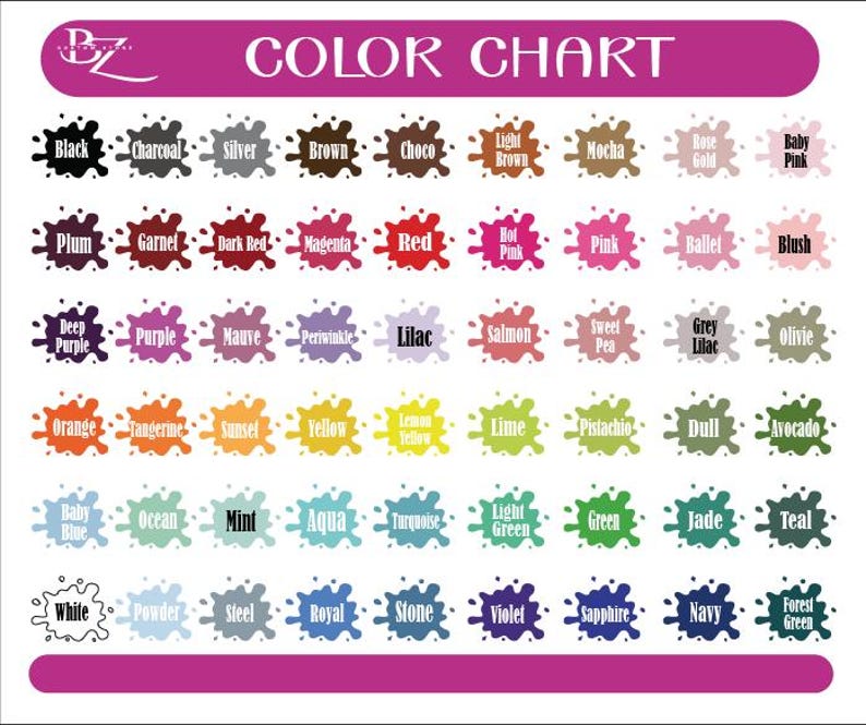 May include: Color chart with 60 different color swatches. Each color swatch is labeled with the color name. The colors are arranged in rows and columns. The chart is on a white background.