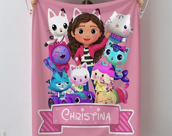 Personalized Girls Gabby Cat Blanket, Custom Name Kids Dollhouse Birthday Holiday Xmas Gift