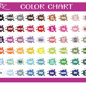 Pu&ograve; includere: Tabella colori con 60 diversi campioni di colore. Ogni campione di colore &egrave; uno schizzo di vernice con il nome del colore scritto sotto.