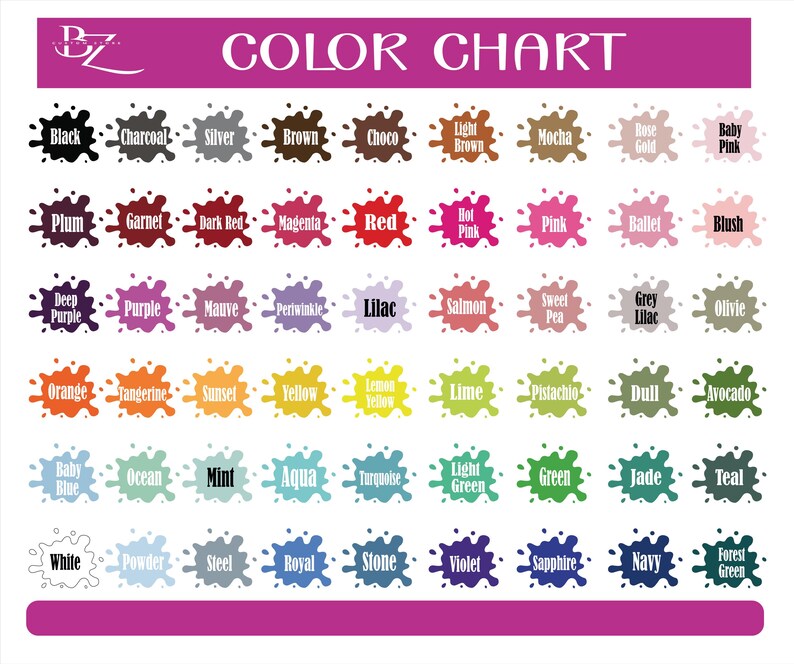 Pu&ograve; includere: Tabella colori con 60 diversi campioni di colore. Ogni campione di colore &egrave; uno schizzo di vernice con il nome del colore scritto sotto.