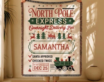 Personalized North Pole Express Woven Kids Blanket – Santa Approved Christmas Gift, Custom Name Xmas Throw, Holiday Delivery Blanket