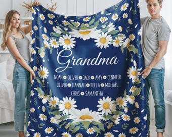 Manta personalizada de abuela con margaritas y nietos, manta floral para abuela, manta bohemia con flores para Gigi, Navidad retro, para abuela, abuela, Mimi.