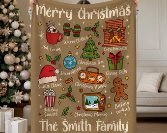 Personalized Merry Christmas Family Name Blanket, Custom Retro Christmas Throw, Holiday Name Gift, Christmas Vintage Throw