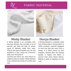 May include: Two close-up images of white blankets. The image on the left shows a Minky blanket, which is incredibly soft and luxurious. The image on the right shows a Sherpa blanket, which is made from 100% synthetic material designed to look and feel like wool.