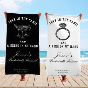 Bachelorette Beach Towel, Toes In The Sand And A Drink In May Hand Towel, Personalized Bach Club Party Towel, Bachelorette Weekend Trip Gift