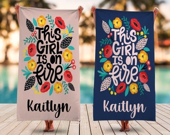 This Girl Is On Fire Pool Towel, Personalized Concert Towel With Name, Lets Go Party Custom Beach Towel, Birthday Gift, Fan Beach Towel