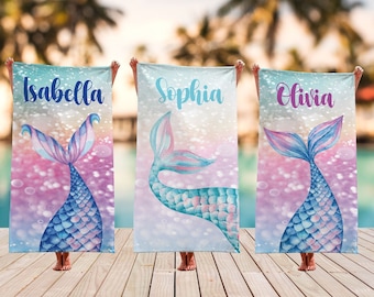Toalla de playa con nombre personalizado y cola de sirena, regalos de fiesta de sirena personalizados, toalla para viaje de playa en la piscina, regalo de cumpleaños de sirena para niños, regalo de vacaciones