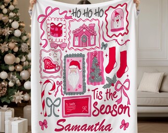 Manta personalizada "Tis The Season", manta familiar navideña retro personalizada, manta rosa con nombre para regalo, manta vintage navideña
