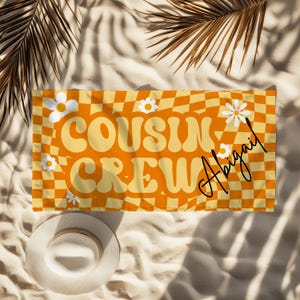 Custom Cousin Crew Retro Checkered Beach Towel, Summer Beach Gift For Cousin, Matching Cousin Trip Gift, Vacation Pool Party Kids Towel